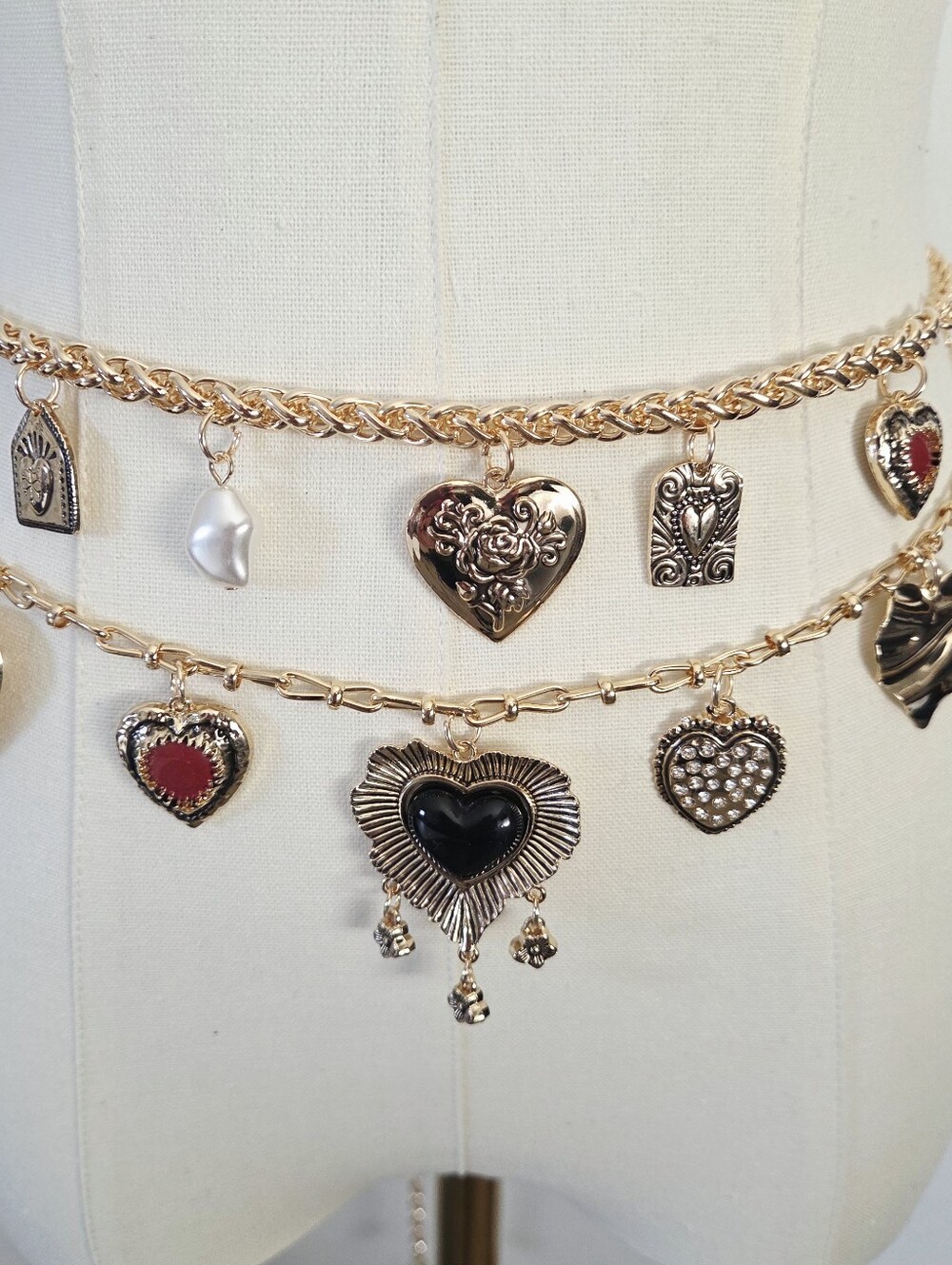 Gold Chain Charm Waist Belt with Heart and Gem Charms - Picture 5 of 8